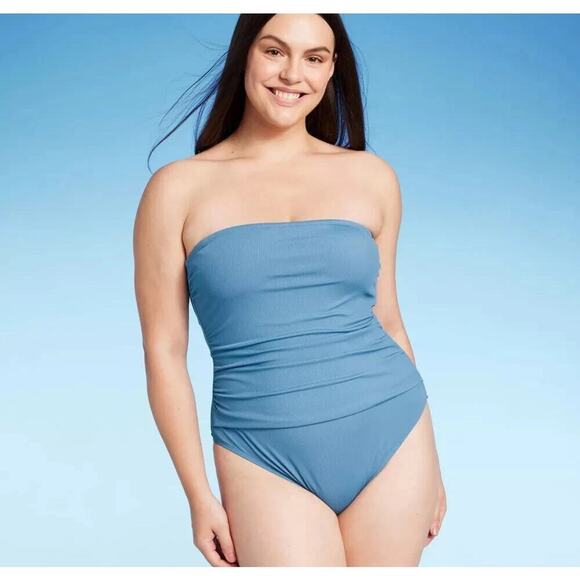 Shade & Shore Other - Shade & Shore Women's Shirred Ribbed Bandeau Cheeky One Piece Swimsuit L 12-14